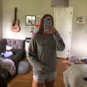 Grey PINK sweater with colored stripes on sleeve